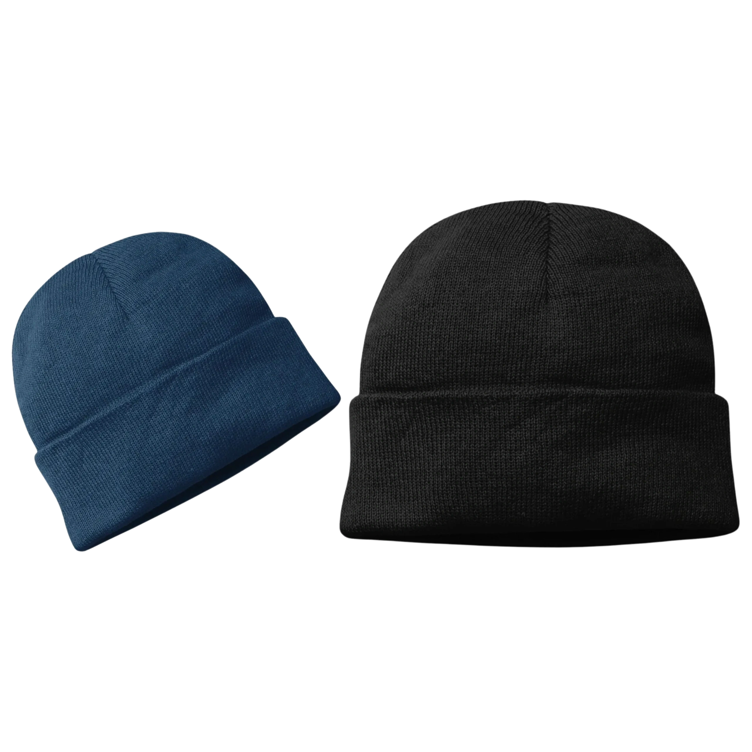 POUND cuffed beanies in navy and black on white background